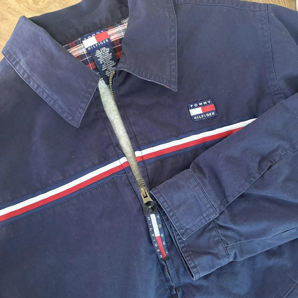 Vintage Tommy Hilfiger Jacket Mens XL Navy Blue Cotton Zip Up Flag Stripe 2000s